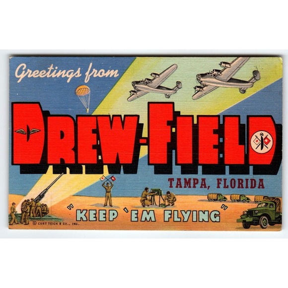 Greetings From Drew Field Tampa Florida Large Letter Linen Postcard Army Planes - Picture 1 of 2